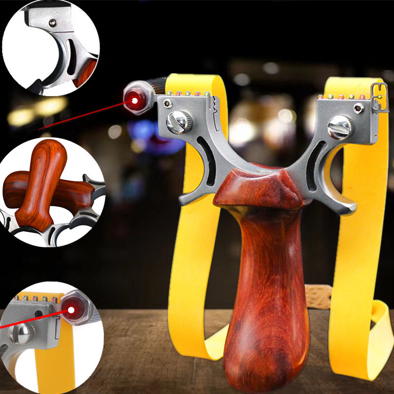 Stainless Steel and Wood Slingshot with Laser Sight
